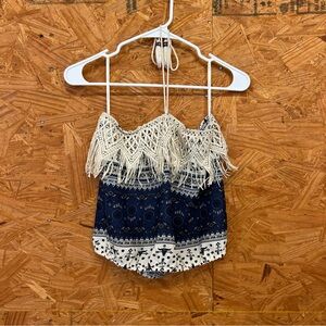 Acanva Boho Fringe Halter Top in Navy and Cream - Size M